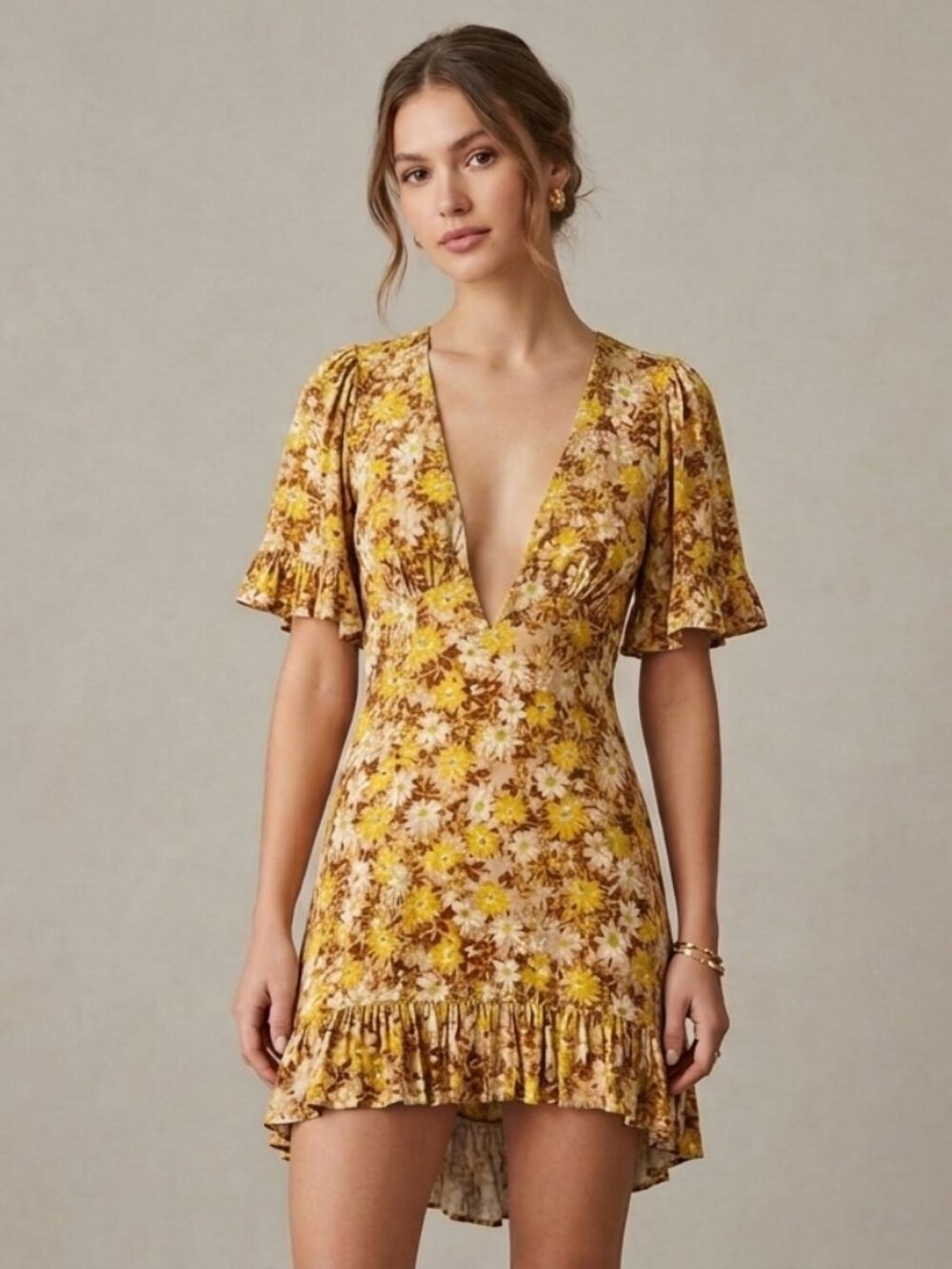 SKY TO MOON Frill Ruffle Mini Sundress Dress Sunflower Floral Yellow/Brown L